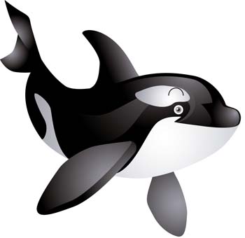 Cartoon-style orca whale with black-and-white markings, smiling and swimming dynamically.