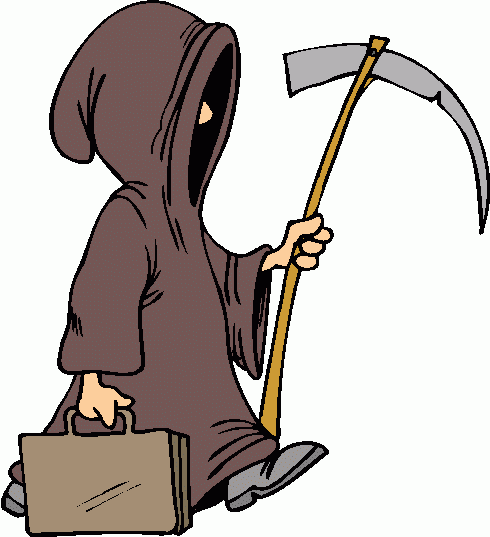 Hooded grim reaper figure holding a scythe and briefcase, walking forward in cartoon style.