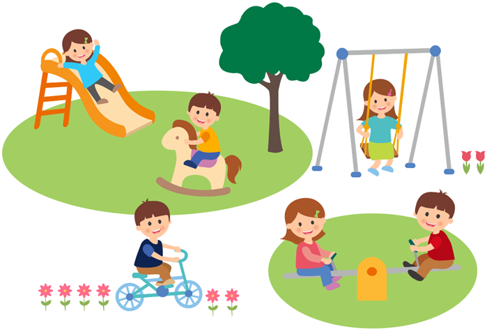 Children playing on a playground with slide, swing, seesaw, rocking horse, and bike amid green grass and flowers.