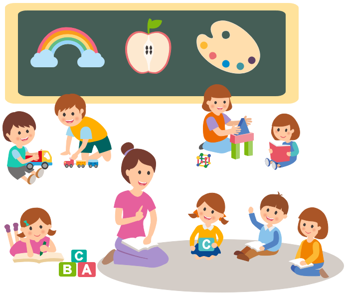 Teacher and diverse children engaging in colorful classroom learning activities with toys, books, and chalkboard visuals.