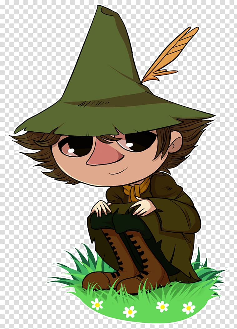 Chibi-style forest ranger or elf-like character with green pointed hat, feather, brown coat, and boots, sitting on grass with daisies.