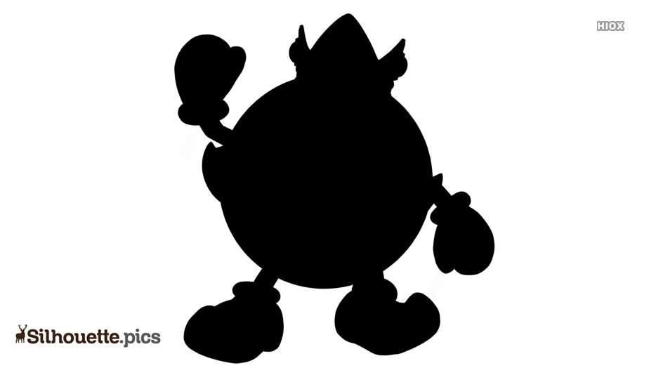 Silhouette of a round cartoon character with boxing gloves and a crown, walking forward.