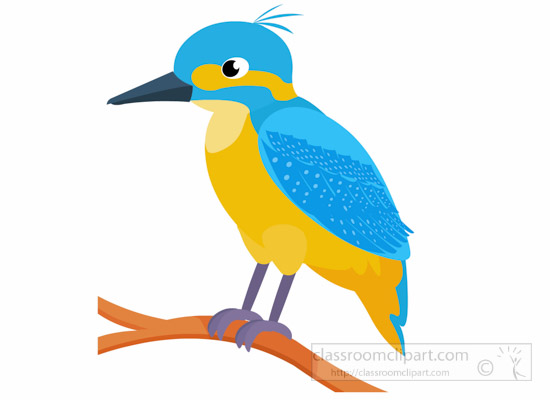 Blue-and-yellow kingfisher perched on a branch, stylized cartoon illustration.