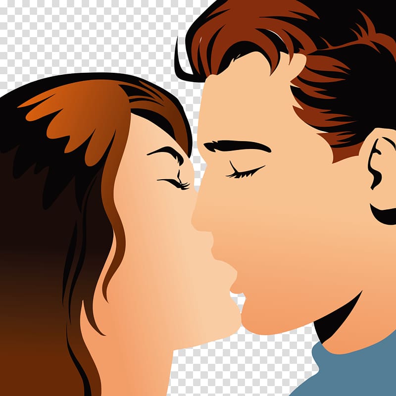 Illustration of a romantic kiss between a man and woman with closed eyes and warm tones.
