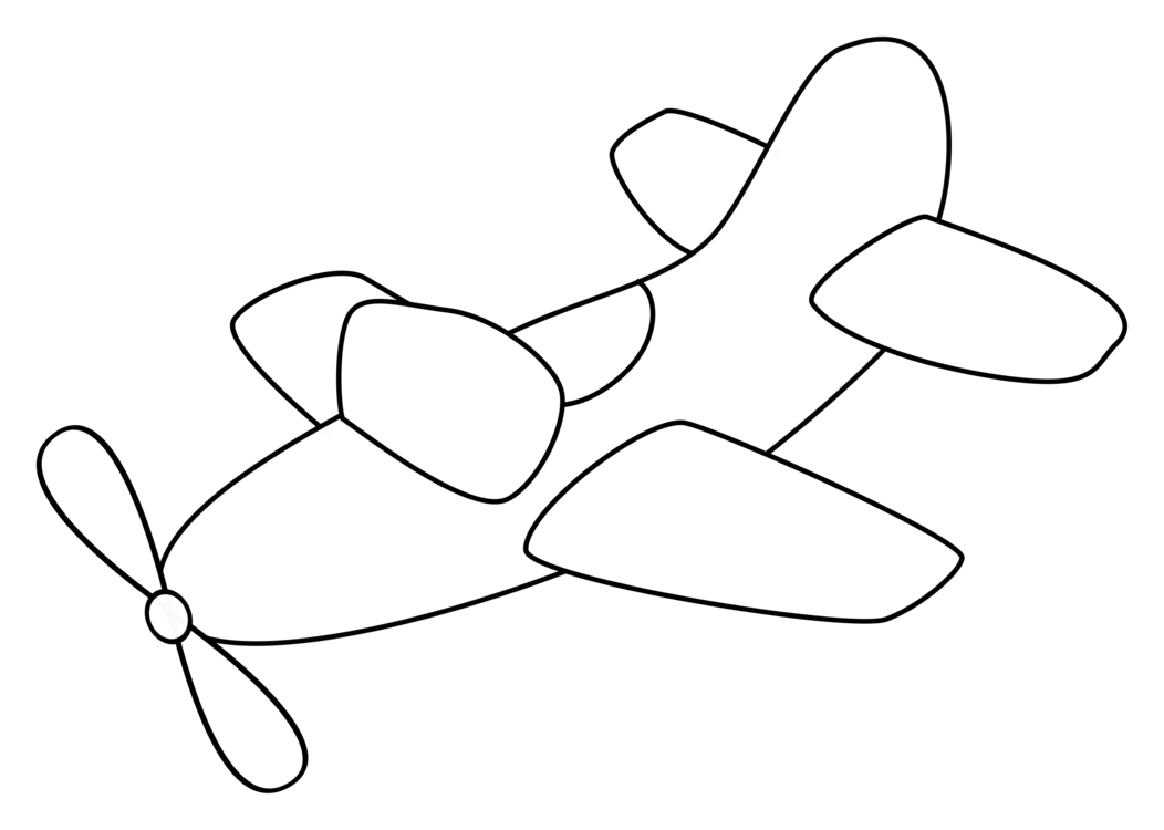 Simple black-and-white line drawing of a propeller airplane in flight, viewed from the side.