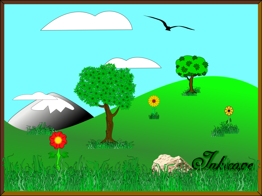 Serene landscape with green hills, trees, flowers, a mountain, clouds, and a flying bird under a blue sky.