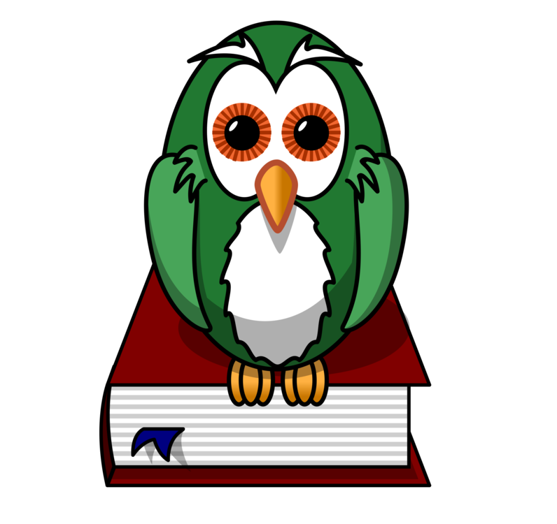 Green cartoon owl with orange eyes perched on a red book, symbolizing wisdom and learning.