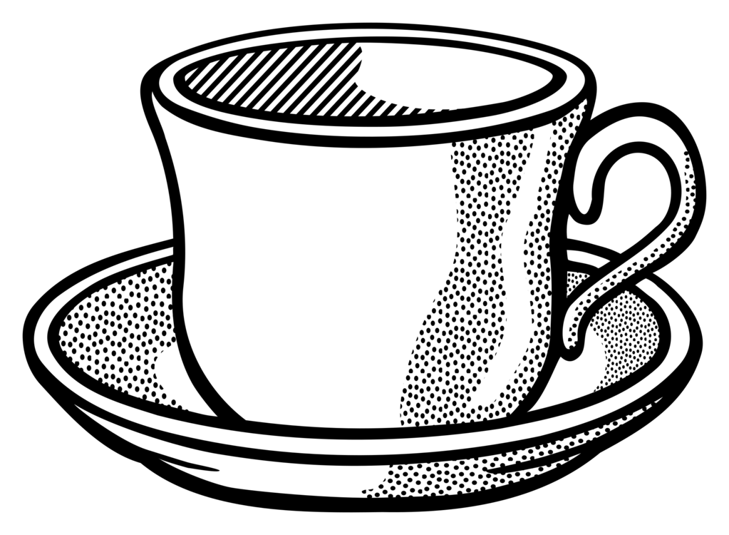 Black-and-white stylized illustration of a teacup and saucer with halftone shading and striped liquid surface.