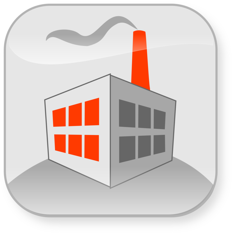 Gray factory building with red windows and smokestack emitting gray smoke, stylized icon.