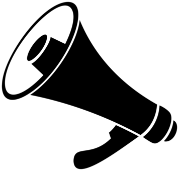 Black and white line-art megaphone icon, symbolizing announcement, amplification, or public communication.