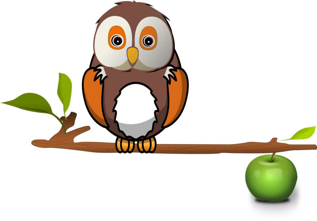 Cartoon owl perched on a branch beside a green apple on a scale, symbolizing wisdom and balance.