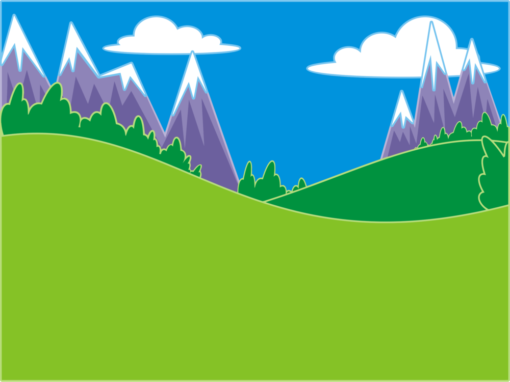 Vibrant cartoon landscape with green rolling hills, purple snow-capped mountains, and white clouds under a blue sky.