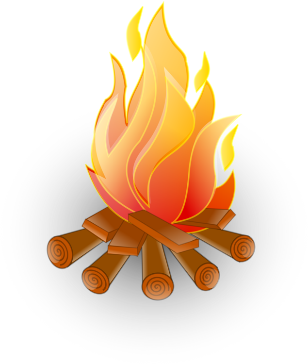 A vibrant campfire with orange and yellow flames burning over arranged logs on a white circular background.