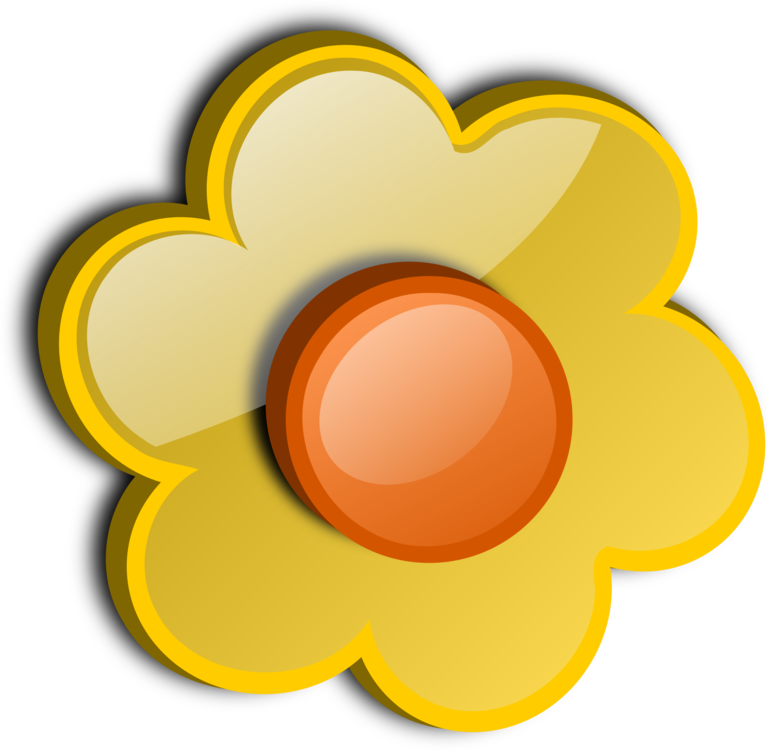 A stylized yellow flower icon with a glossy orange center and layered petal design on black background.