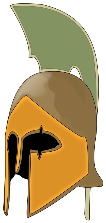 Ancient Greek Corinthian-style helmet with olive crest and bronze faceplate, stylized illustration.