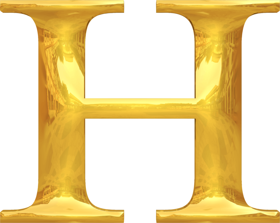 Golden letter H with reflective architectural interior details embedded in its form.
