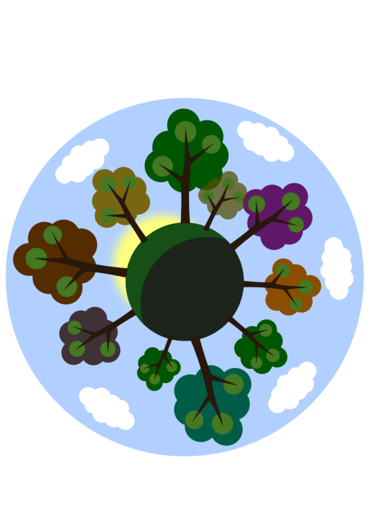 Stylized globe with diverse trees radiating outward against a blue sky with clouds and sun.