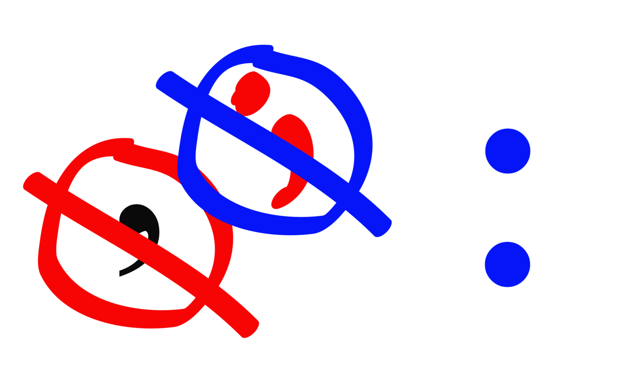 Red and blue circular icons with diagonal strike-throughs, each containing a comma-like shape-symbolizing prohibition or error.