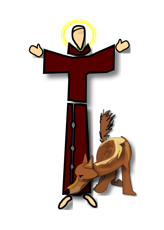 Saint with halo and red robe stands beside a kneeling fox, evoking spiritual symbolism and humility.