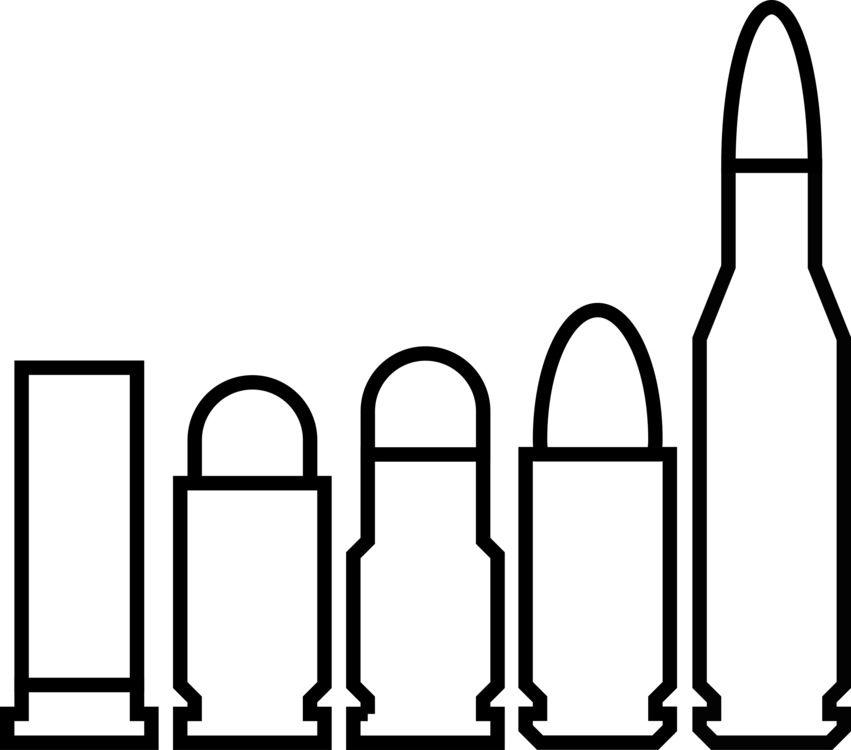 Silhouette comparison of five different ammunition cartridges, from pistol to rifle rounds, shown in ascending size order.