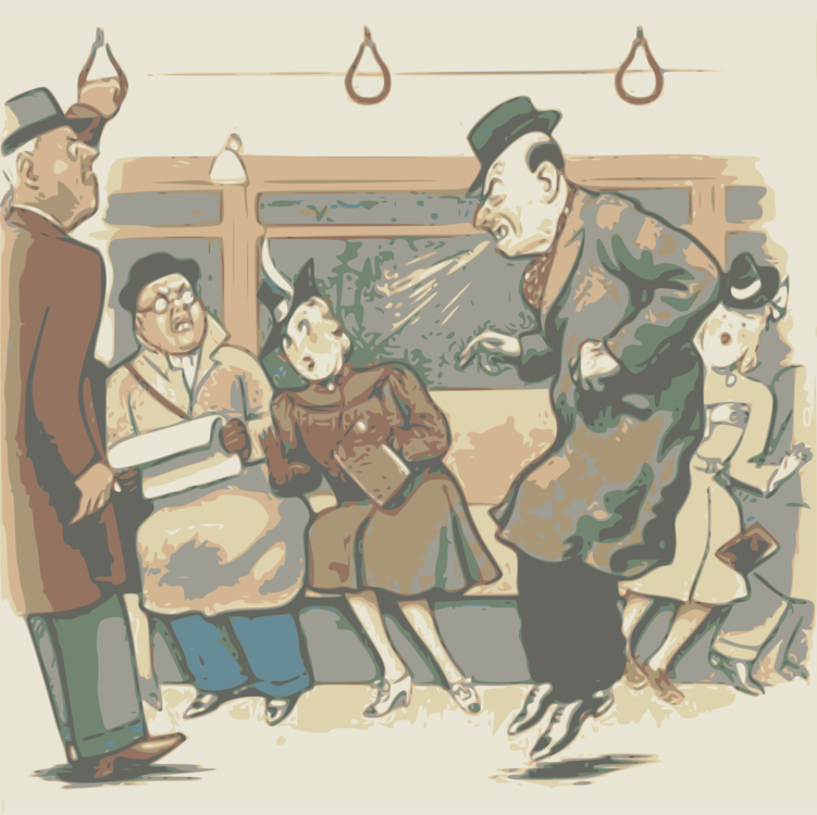 Vintage illustration of a chaotic subway scene with shouting man, startled passengers, and hanging straps.