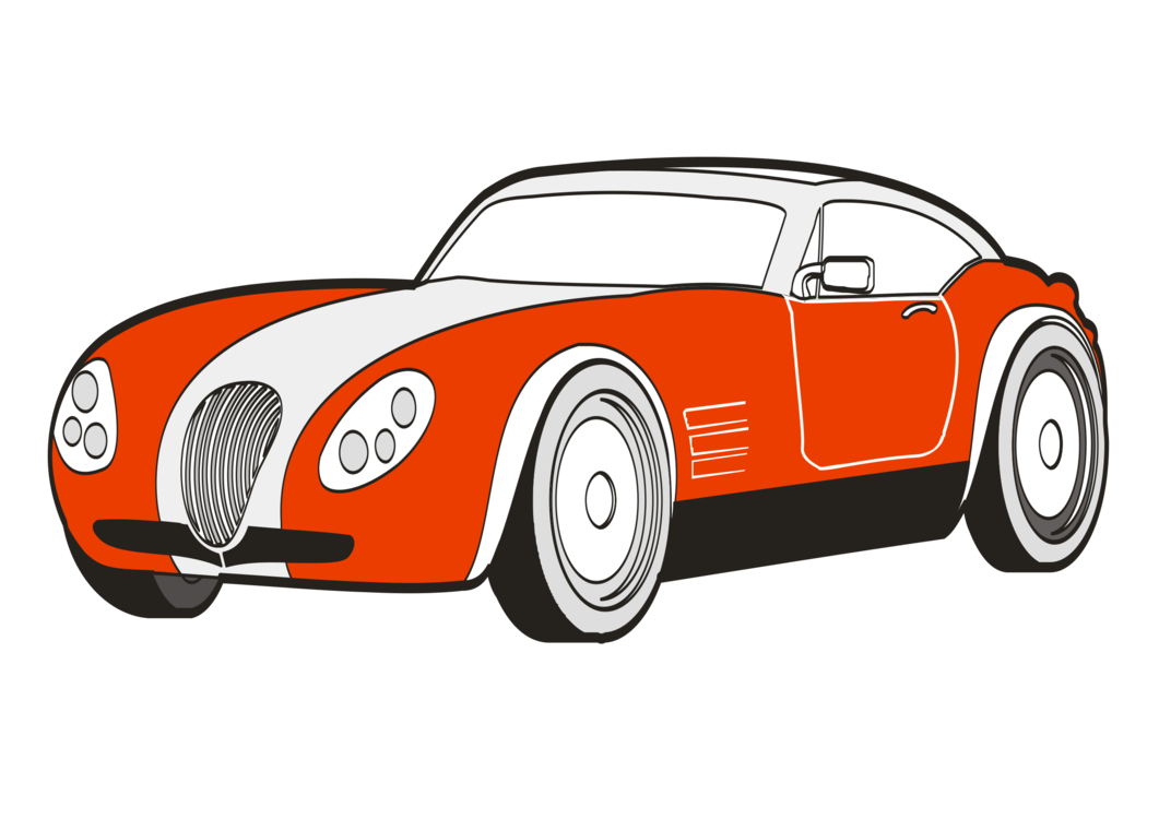Vintage-style orange and white sports car illustration with classic grille and round headlights.