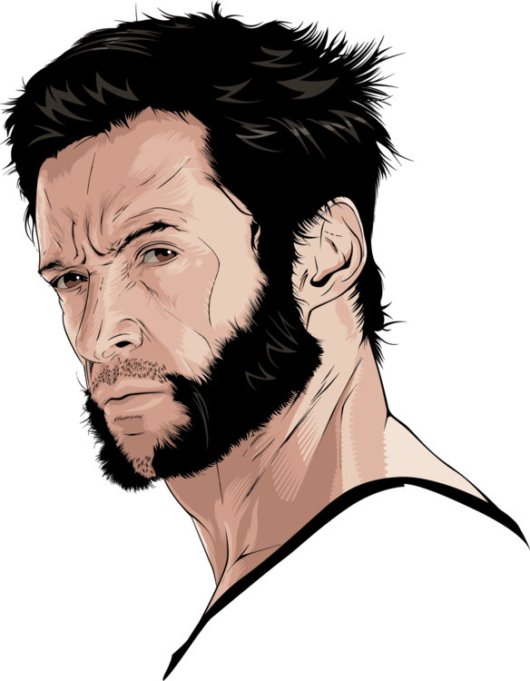 Stylized vector illustration of a rugged, bearded man with intense gaze and dark hair, rendered in high-contrast tones against black background.