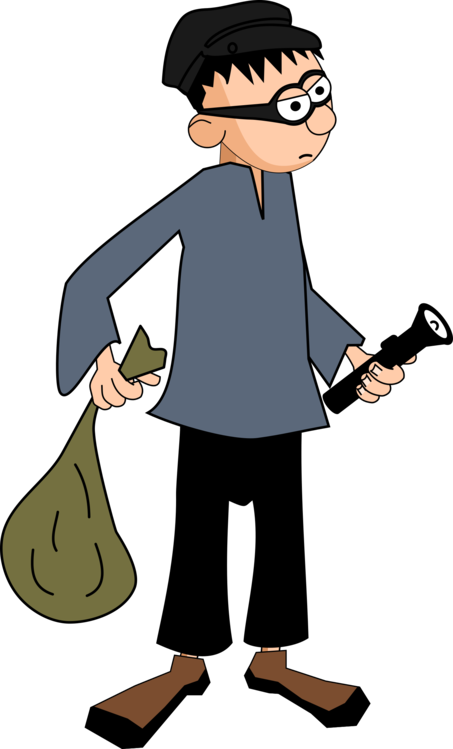 Cartoon thief wearing black cap and mask, holding sack and stolen item, looking suspicious.