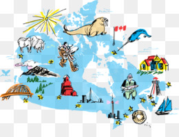 Illustrated map of Canada featuring iconic landmarks, wildlife, and cultural symbols like the CN Tower, maple leaf flag, and Inuit figure.