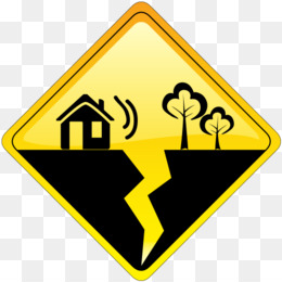 Yellow diamond-shaped warning sign depicting a house on cracked ground with trees, indicating earthquake or ground collapse risk.