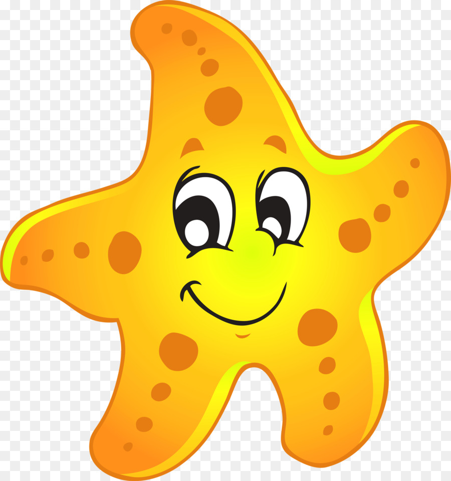 Cheerful cartoon orange starfish with big eyes and smile, spotted texture, on transparent background.