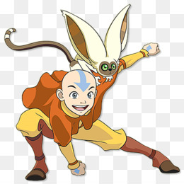 Aang in Airbender stance with flying lemur Momo on his shoulder, smiling energetically.