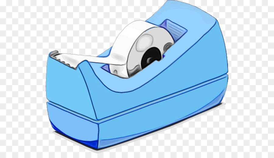 Blue plastic tape dispenser with a roll of white adhesive tape and serrated cutting edge, illustrated on transparent background.