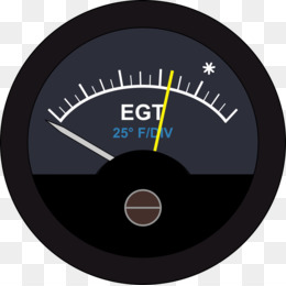 Analog EGT gauge showing exhaust gas temperature in °F/°C with needle near red zone and 25° calibration mark.