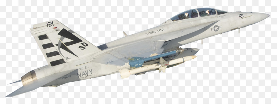 U.S. Navy F/A-18 Hornet from VX-23 test squadron, marked "STRIKE TEST", armed with missiles and flying in clear sky.