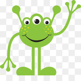 Friendly green cartoon frog waving with big eyes and spotted skin on transparent background.