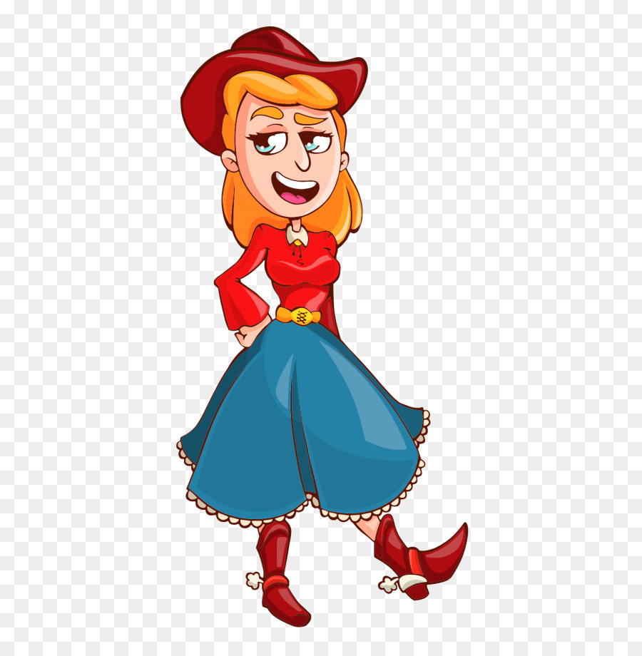 Cartoon cowgirl with red hat, blouse, blue skirt, and boots, smiling confidently with hands on hips.