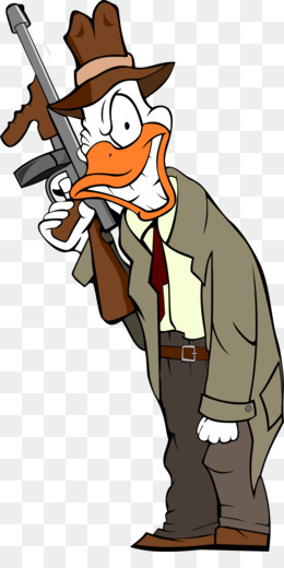 A cartoon duck in a trench coat and fedora, holding a submachine gun with a surprised expression.