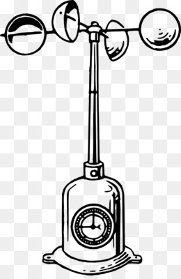 Black-and-white line drawing of a classic cup anemometer with analog gauge base on transparent background.