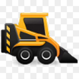 Yellow skid-steer loader icon with black tires, bucket, and safety stripes on a transparent background.