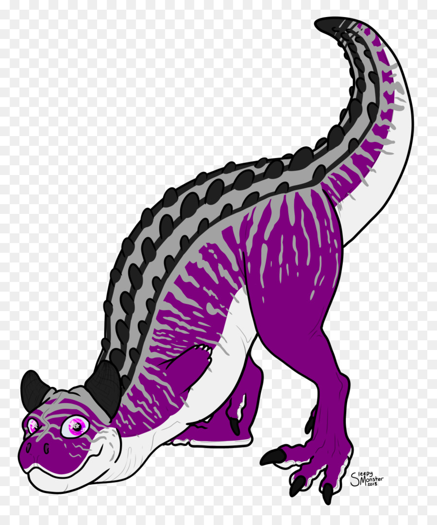 A stylized purple and gray armored dinosaur with black spikes, large pink eyes, and a playful pose on transparent background.