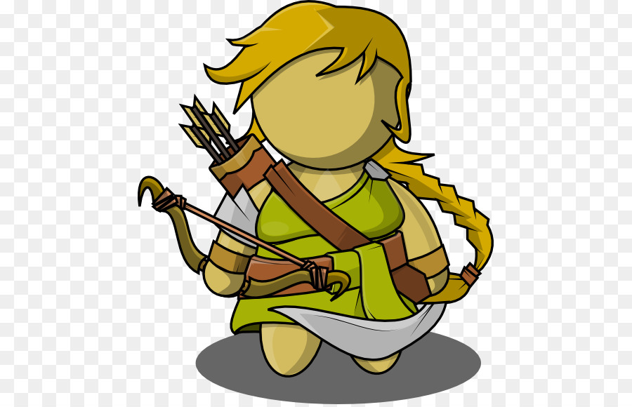Cartoon elf archer with golden braided hair, green tunic, bow, arrows, and dagger, kneeling on transparent background.