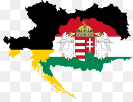 Outline map of Austria overlaid with the Hungarian national flag and coat of arms, symbolizing historical ties between the two nations.