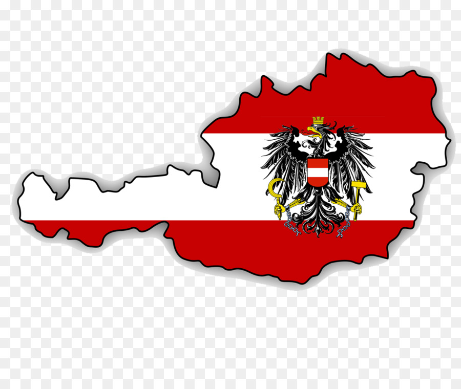 Map of Austria with national flag and coat of arms overlayed in red-white-red stripes.