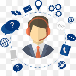 Customer support agent with headset surrounded by communication and service icons like chat, email, phone, and 24/7 badge.