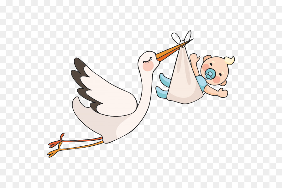 A cartoon stork flying while carrying a smiling baby in a cloth bundle.