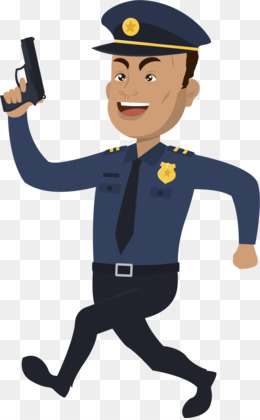 Cartoon police officer in uniform running while holding a handgun, smiling confidently.