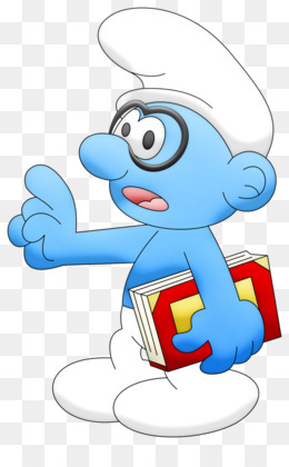 Brainy Smurf holding a red book and pointing, wearing glasses and white hat.