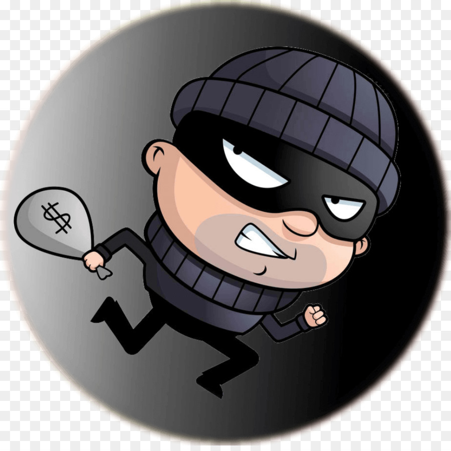 Cartoon burglar in black mask and beanie running with a money bag.