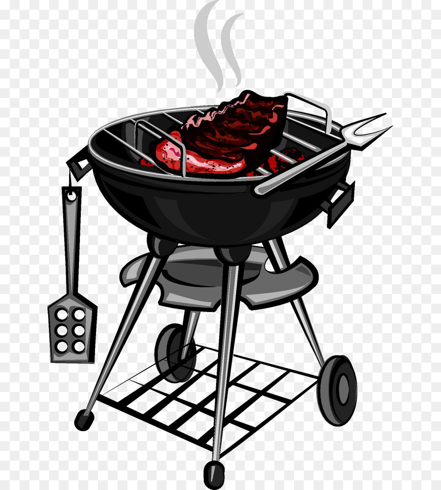 Black kettle grill with sizzling steaks, smoke rising, and grilling tools hanging on the side.